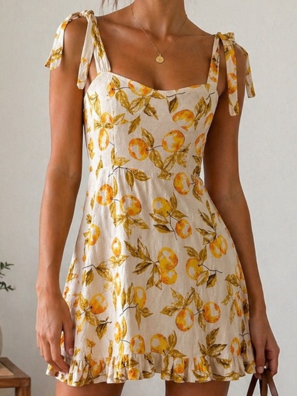 Urban Outfitters Lemon Print Tie Strap Mini Dress Smocked Back Size M